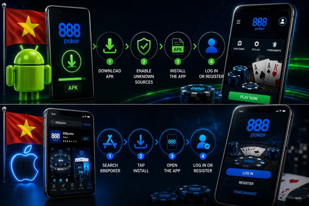 Installing 888 Poker app on Android and iOS in Vietnam